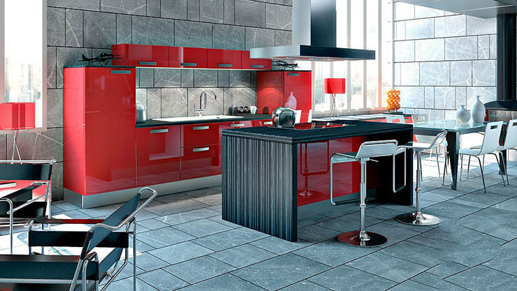 Piso ara cozinha em sala com móveis vermelhos