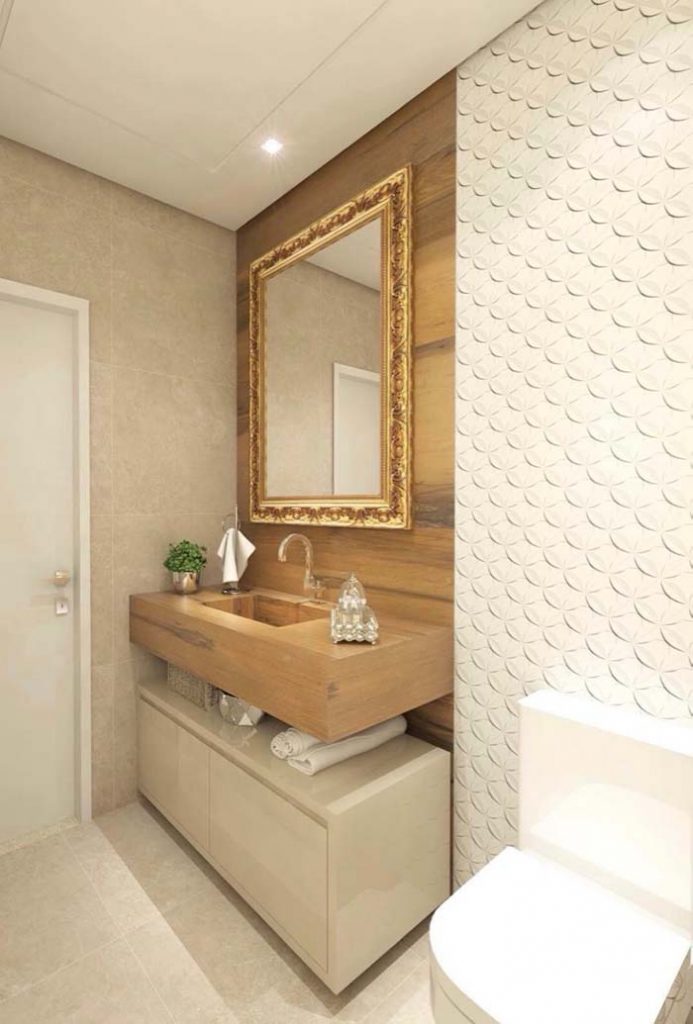 Porcelanato de madeira no banheiro com espelho