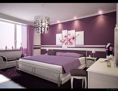 Faixas brancas e pintura lilás forte no quarto