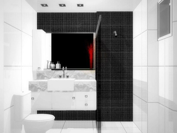 Banheiro com fundo preto e paredes em branco