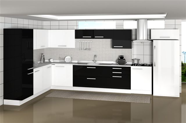 geladeira branca com armarios pretos combinando na cozinha