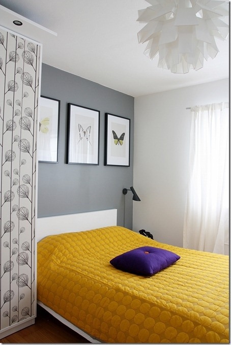 Amarelo e cinza decorando o seu quarto
