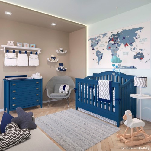 azul marinho cinza e marrom no quarto de bebe