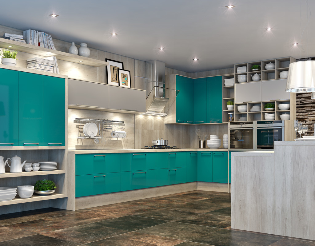 Cozinha azul com quadros