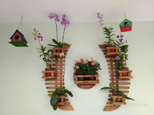 Artesanato com plantas na parede feitos em madeira